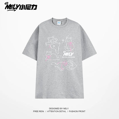 NELY Little Nelly Bow Cat Print Short Sleeve T-shirt Men and Women 2025 Summer New Cotton Couple Tops