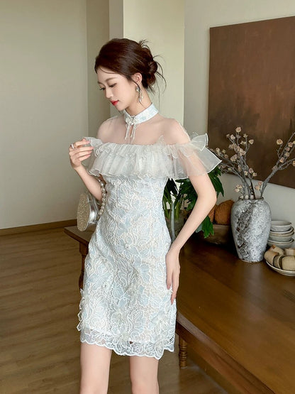 Sexy one-shoulder halter neck mini dress exquisite romantic white ruffled hip lace dress for women summer