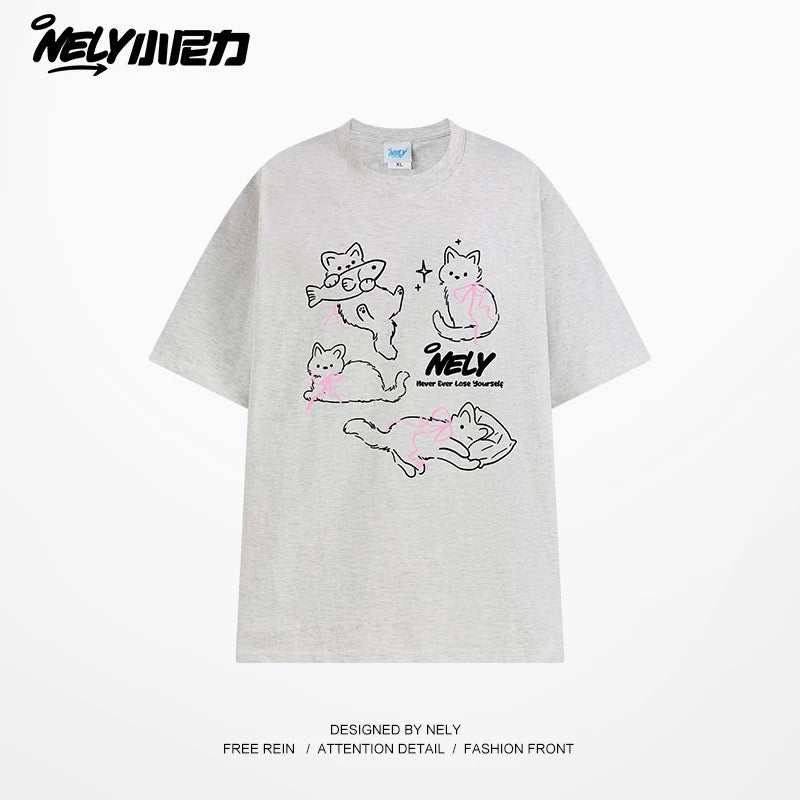 NELY Little Nelly Bow Cat Print Short Sleeve T-shirt Men and Women 2025 Summer New Cotton Couple Tops