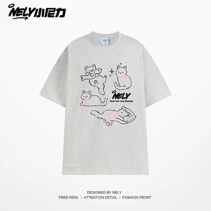 NELY Little Nelly Bow Cat Print Short Sleeve T-shirt Men and Women 2025 Summer New Cotton Couple Tops