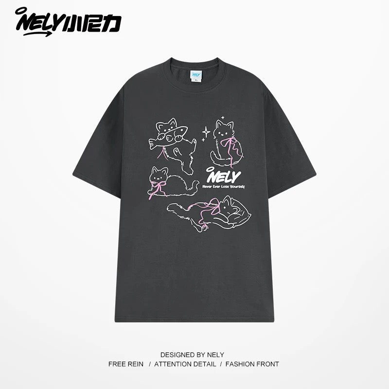 NELY Little Nelly Bow Cat Print Short Sleeve T-shirt Men and Women 2025 Summer New Cotton Couple Tops