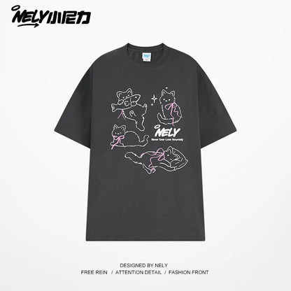 NELY Little Nelly Bow Cat Print Short Sleeve T-shirt Men and Women 2025 Summer New Cotton Couple Tops