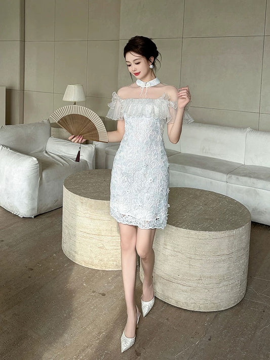 Sexy one-shoulder halter neck mini dress exquisite romantic white ruffled hip lace dress for women summer
