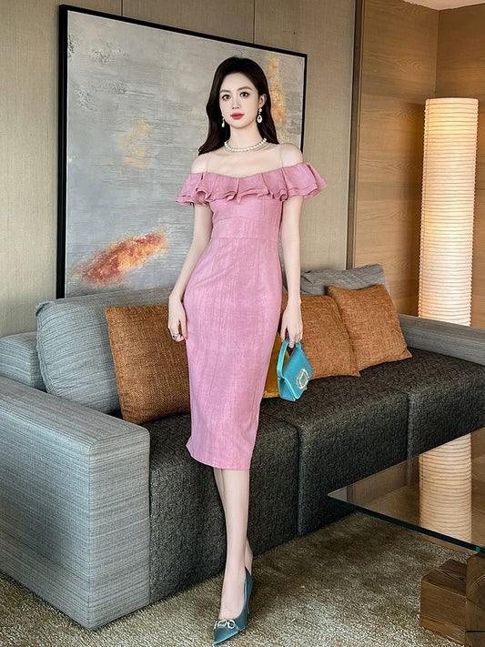2025 new evening dress light luxury temperament banquet one shoulder dress summer French pink ruffled hip skirt