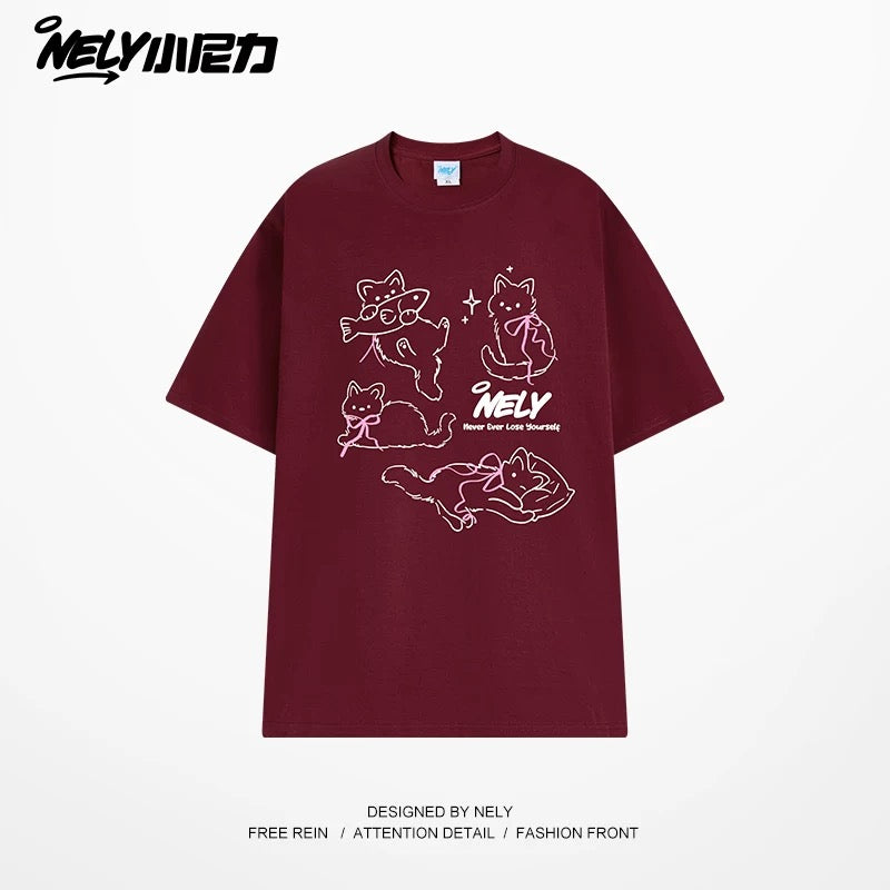 NELY Little Nelly Bow Cat Print Short Sleeve T-shirt Men and Women 2025 Summer New Cotton Couple Tops