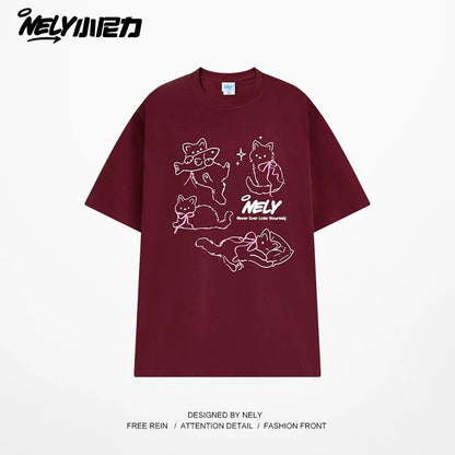 NELY Little Nelly Bow Cat Print Short Sleeve T-shirt Men and Women 2025 Summer New Cotton Couple Tops