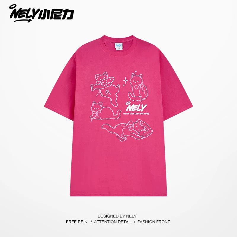 NELY Little Nelly Bow Cat Print Short Sleeve T-shirt Men and Women 2025 Summer New Cotton Couple Tops
