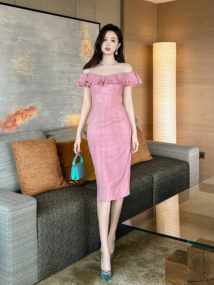 2025 new evening dress light luxury temperament banquet one shoulder dress summer French pink ruffled hip skirt