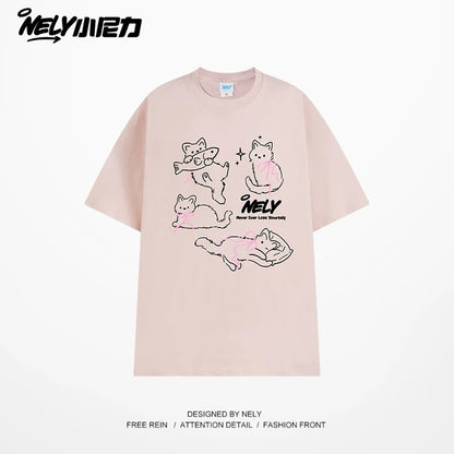 NELY Little Nelly Bow Cat Print Short Sleeve T-shirt Men and Women 2025 Summer New Cotton Couple Tops
