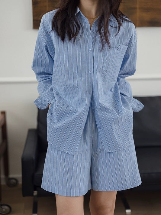 Wangfeijia original blogger wears cotton shorts striped shirt suit for women 2024 design long-sleeved shirt