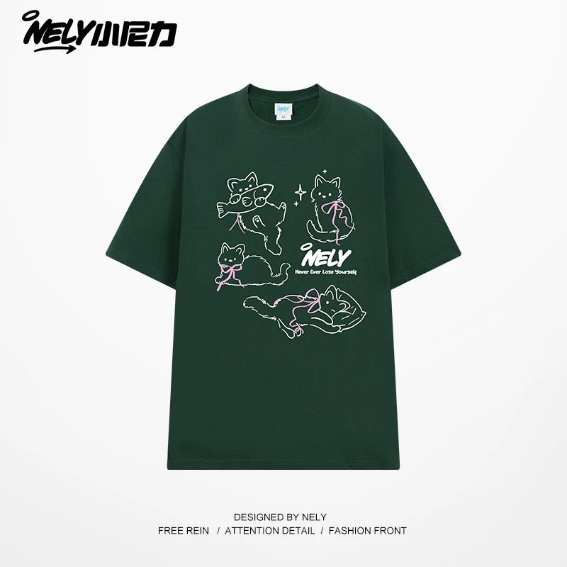 NELY Little Nelly Bow Cat Print Short Sleeve T-shirt Men and Women 2025 Summer New Cotton Couple Tops