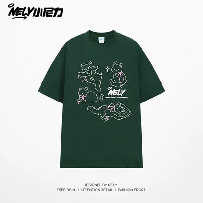NELY Little Nelly Bow Cat Print Short Sleeve T-shirt Men and Women 2025 Summer New Cotton Couple Tops