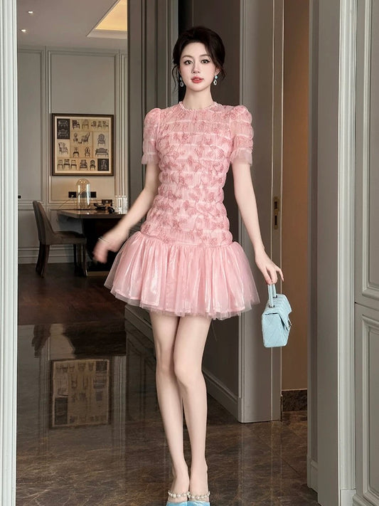 Pink dress women's summer 2025 new seaside vacation high-end pleated petite A-line skirt short skirt