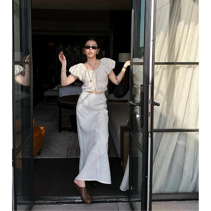 2ND STUDIOS white puff sleeve suit skirt high waist slimming 2025 summer new casual two-piece set