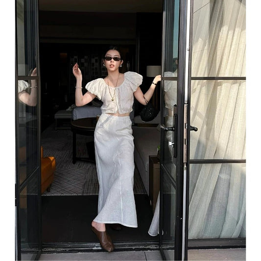 2ND STUDIOS white puff sleeve suit skirt high waist slimming 2025 summer new casual two-piece set