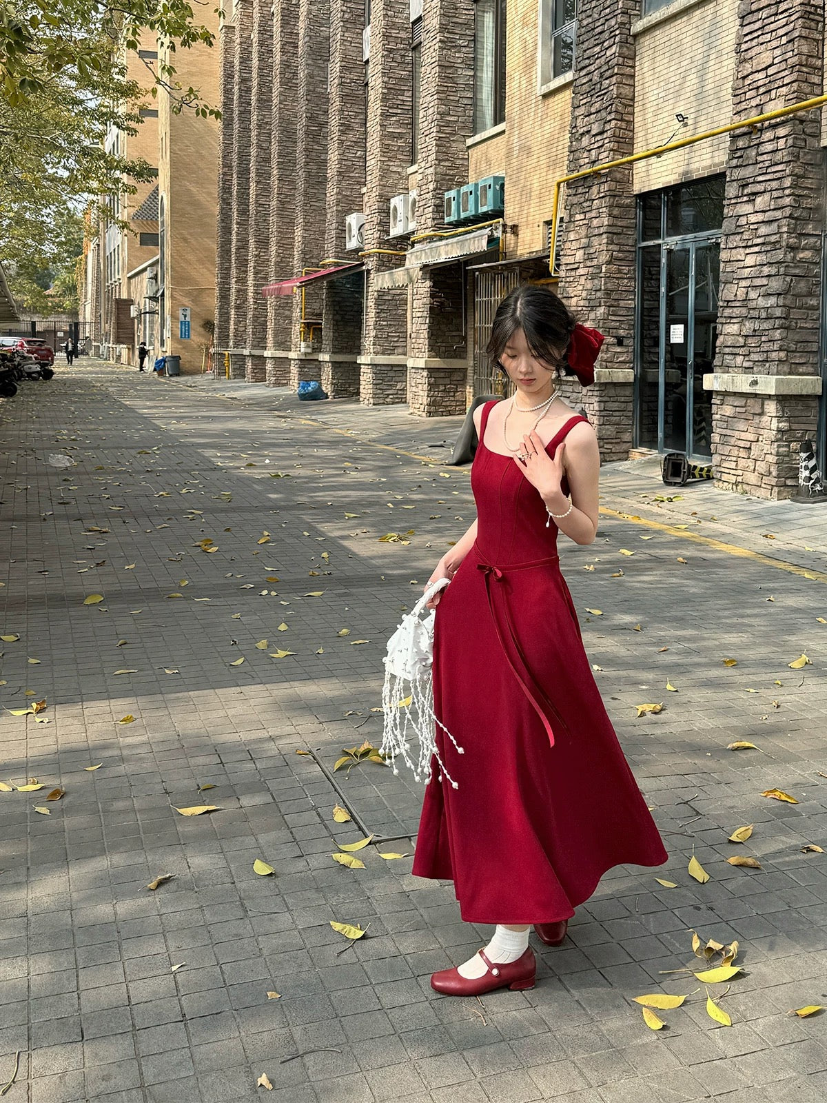 Wind and smoke / Flowing fire original French red suspender dress female spring and summer new slim temperament slim long skirt
