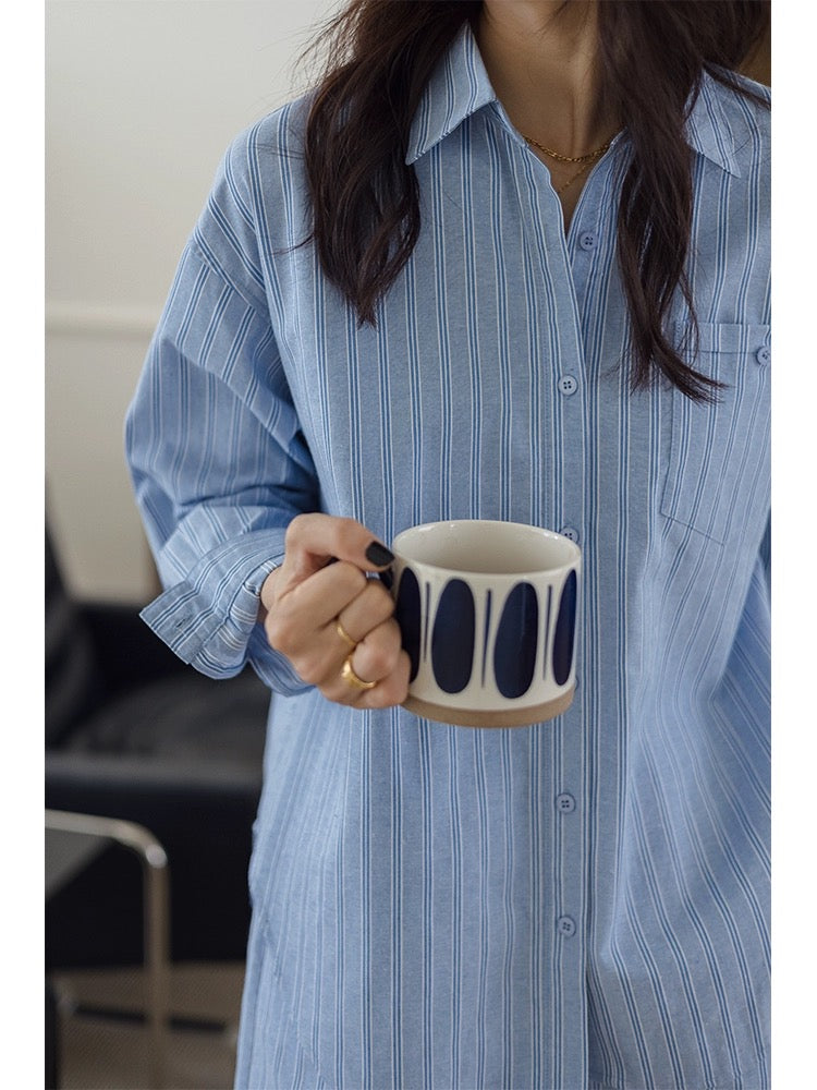 Wangfeijia original blogger wears cotton shorts striped shirt suit for women 2024 design long-sleeved shirt