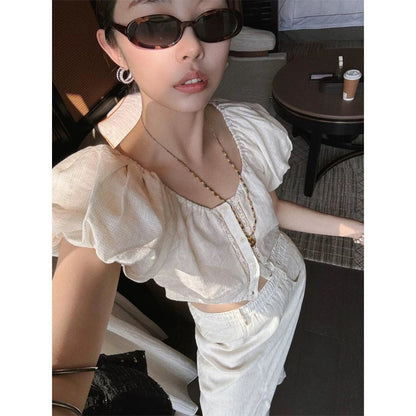 2ND STUDIOS white puff sleeve suit skirt high waist slimming 2025 summer new casual two-piece set