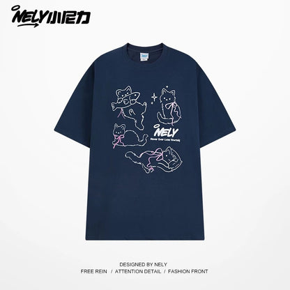 NELY Little Nelly Bow Cat Print Short Sleeve T-shirt Men and Women 2025 Summer New Cotton Couple Tops