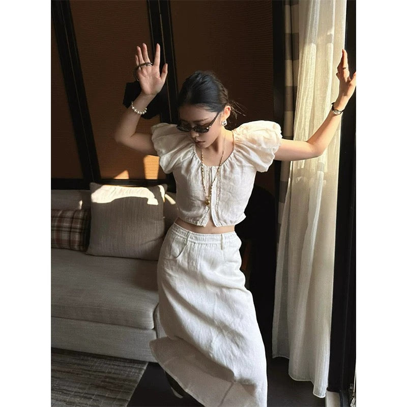 2ND STUDIOS white puff sleeve suit skirt high waist slimming 2025 summer new casual two-piece set