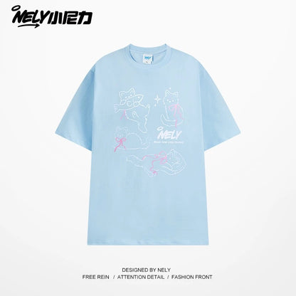 NELY Little Nelly Bow Cat Print Short Sleeve T-shirt Men and Women 2025 Summer New Cotton Couple Tops