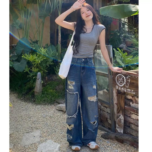 Petite women's American retro patchwork ripped wide-leg jeans, high-waisted, loose fit, slimming, versatile straight leg floor-length pants.