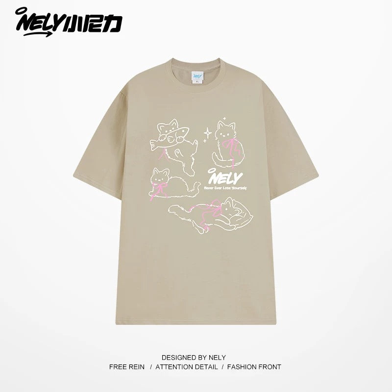 NELY Little Nelly Bow Cat Print Short Sleeve T-shirt Men and Women 2025 Summer New Cotton Couple Tops