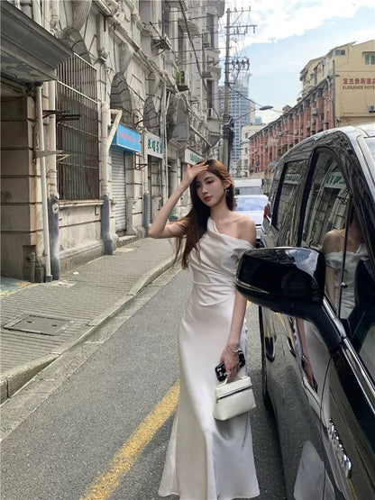 Qian Anan's French sloping collar, off-the-shoulder, sexy mid-length dress, waist-cinching fishtail dress for women