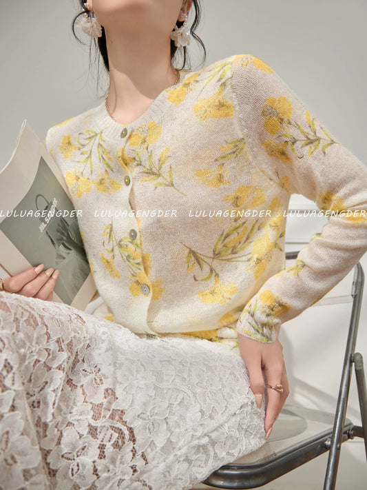 Lulu's style, fashionable, versatile, slimming yellow floral knitted cardigan, new autumn/winter style, chic long-sleeved top.