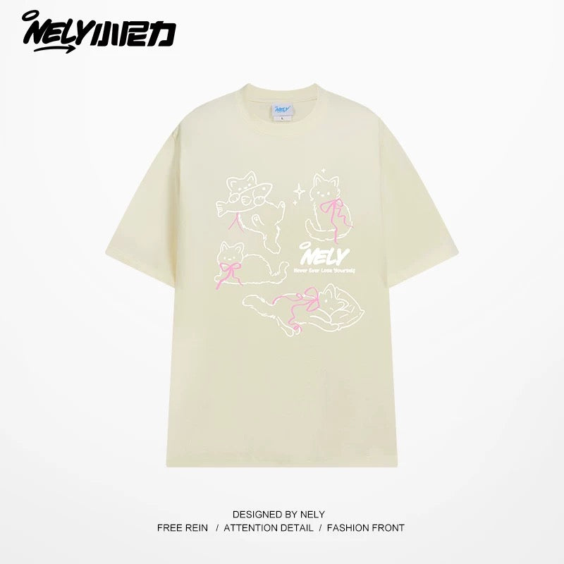 NELY Little Nelly Bow Cat Print Short Sleeve T-shirt Men and Women 2025 Summer New Cotton Couple Tops