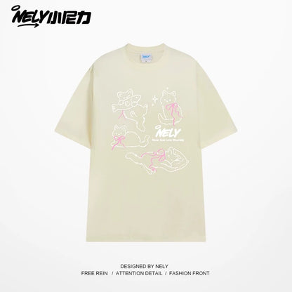 NELY Little Nelly Bow Cat Print Short Sleeve T-shirt Men and Women 2025 Summer New Cotton Couple Tops