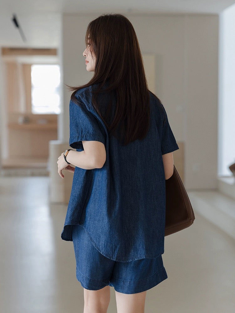 Princess's linen cotton blue denim suit for women 2024 new summer short-sleeved shirt casual shorts