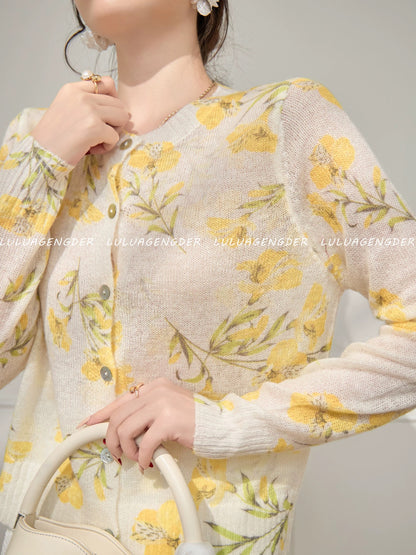 Lulu's style, fashionable, versatile, slimming yellow floral knitted cardigan, new autumn/winter style, chic long-sleeved top.