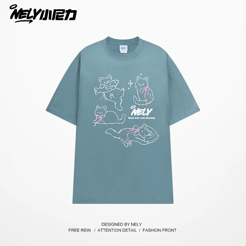 NELY Little Nelly Bow Cat Print Short Sleeve T-shirt Men and Women 2025 Summer New Cotton Couple Tops
