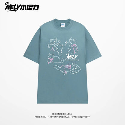 NELY Little Nelly Bow Cat Print Short Sleeve T-shirt Men and Women 2025 Summer New Cotton Couple Tops