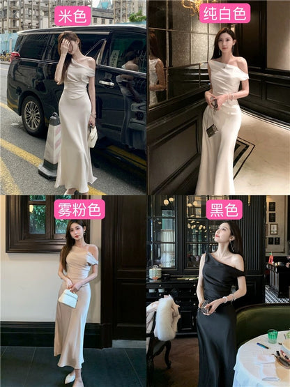 Qian Anan's French sloping collar, off-the-shoulder, sexy mid-length dress, waist-cinching fishtail dress for women