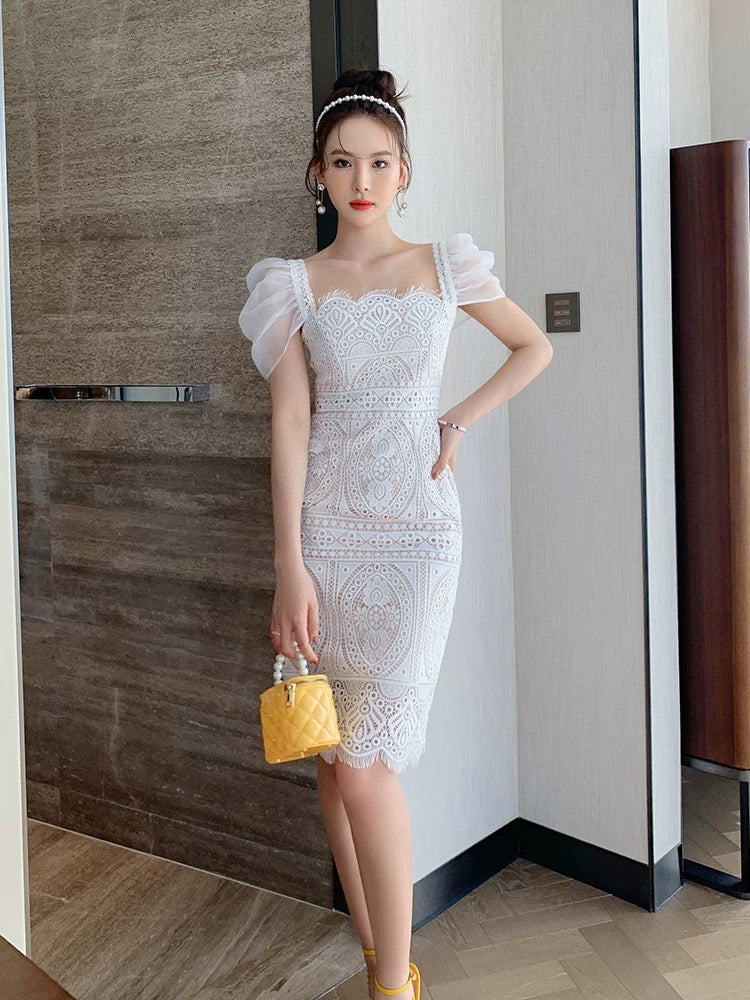 French lady temperament puff sleeve square neck dress female super fairy hollow lace one shoulder exposed backpack hip short skirt