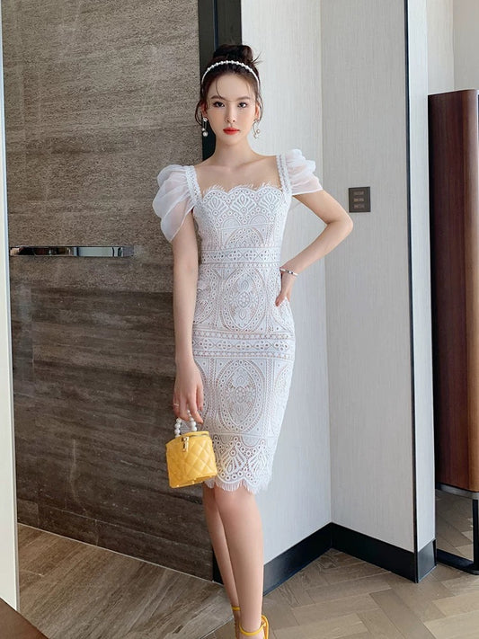 French lady temperament puff sleeve square neck dress female super fairy hollow lace one shoulder exposed backpack hip short skirt