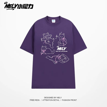 NELY Little Nelly Bow Cat Print Short Sleeve T-shirt Men and Women 2025 Summer New Cotton Couple Tops