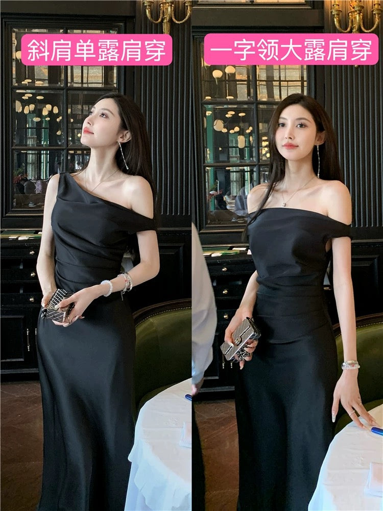 Qian Anan's French sloping collar, off-the-shoulder, sexy mid-length dress, waist-cinching fishtail dress for women