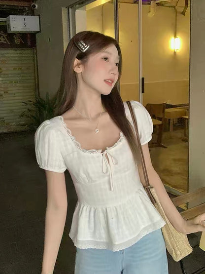 Wu77 First Love Sweet Girlish White Ruffled Puff Sleeve Shirt Women's Youthful and Unique U-Neck Top