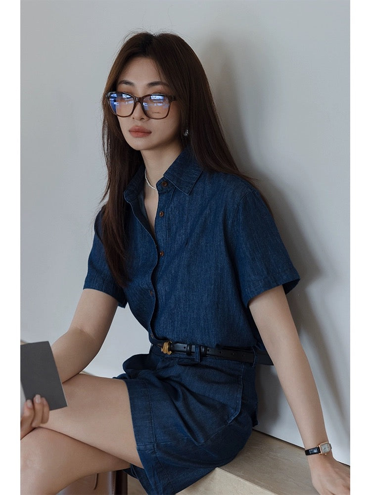 Princess's linen cotton blue denim suit for women 2024 new summer short-sleeved shirt casual shorts
