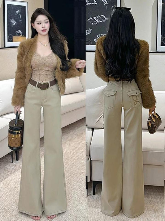 Qiaozhan khaki embroidered vintage style flared jeans for women, high-waisted design, wide-leg pants for spring and autumn.
