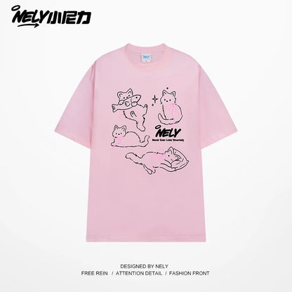 NELY Little Nelly Bow Cat Print Short Sleeve T-shirt Men and Women 2025 Summer New Cotton Couple Tops