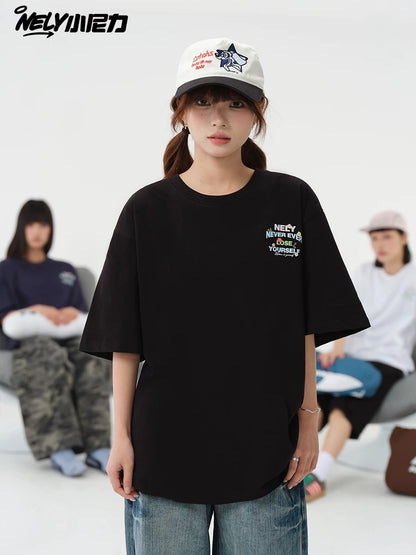 NELY Little Nelly Graffiti Flower Color Letter Short Sleeve T-shirt Men and Women Korean Small Round Neck Cotton Top Trend