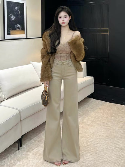 Qiaozhan khaki embroidered vintage style flared jeans for women, high-waisted design, wide-leg pants for spring and autumn.