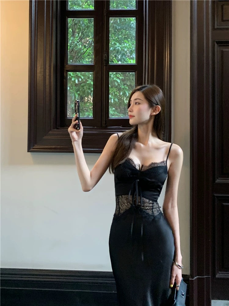 Qian Anan hollow see-through sexy imitation silk satin and lace mid-length dress with small straps and fishtail dress