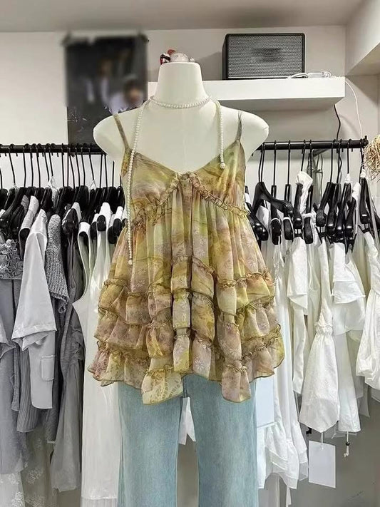 French sweet vacation style floral ruffled cake camisole for women, new summer style, slimming and super pretty top