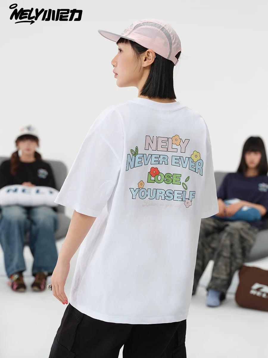 NELY Little Nelly Graffiti Flower Color Letter Short Sleeve T-shirt Men and Women Korean Small Round Neck Cotton Top Trend
