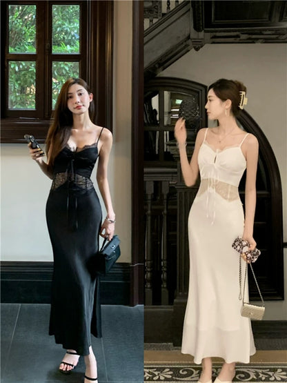 Qian Anan hollow see-through sexy imitation silk satin and lace mid-length dress with small straps and fishtail dress